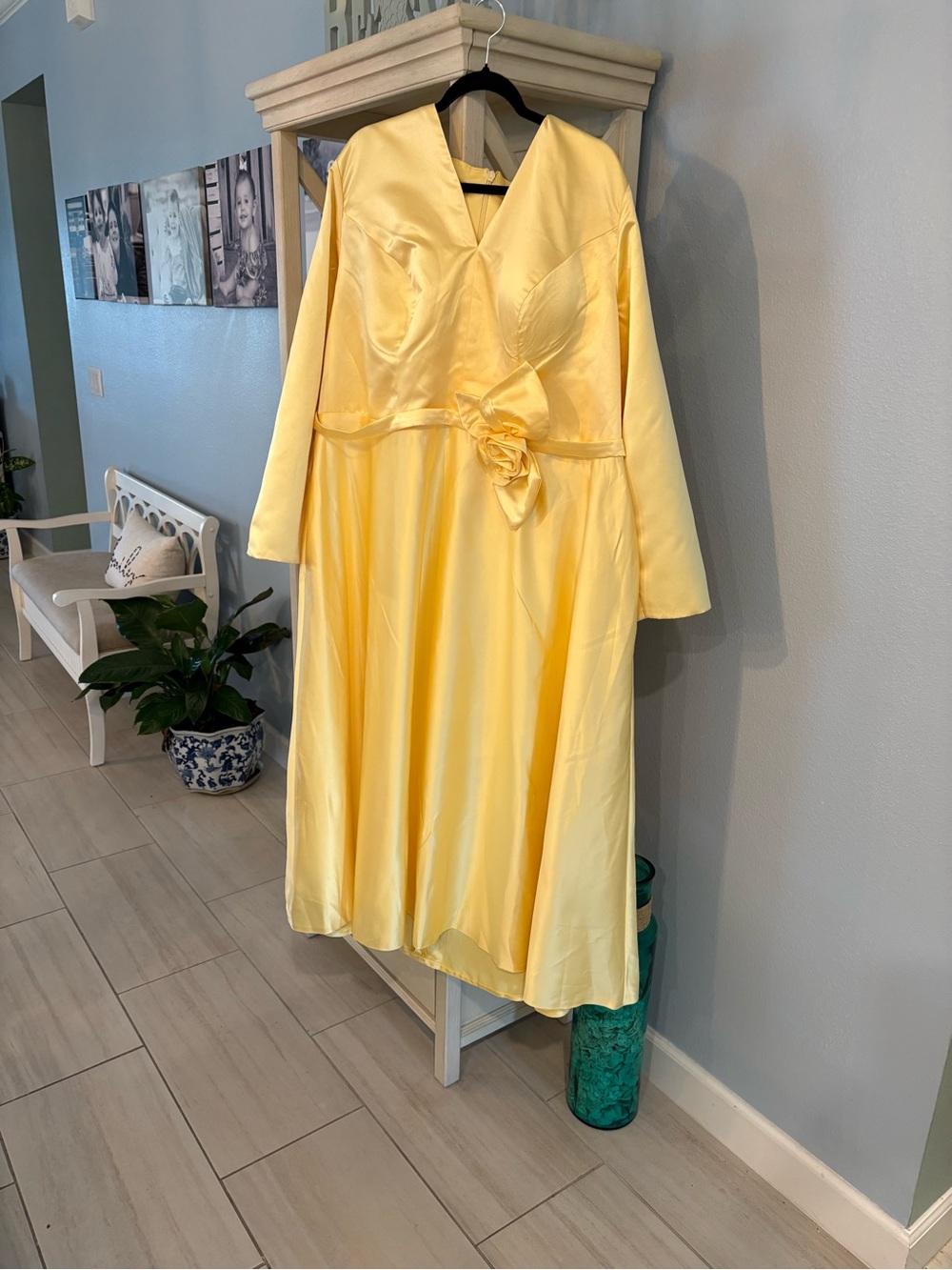 Elegant Yellow Satin Wedding Dress with Floral Waist Accent